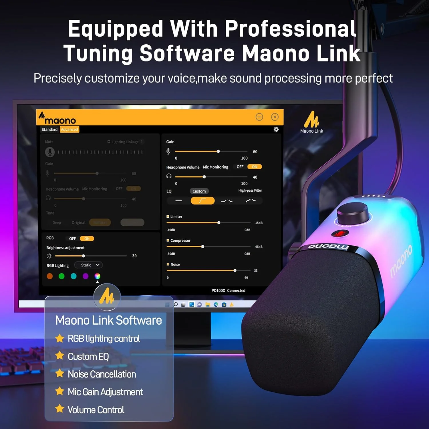 Maono PD100X RGB USB/XLR Dynamic Microphone for Game Streamers (Black) - Image 5