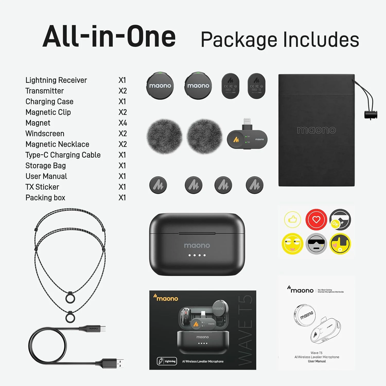 Maono Wave T5 WM650 PB2 AI Wireless Lavalier Microphone for Lightning /iPhone 14/13/12/11 - Image 7