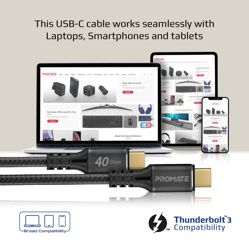 Promate PowerBolt240-1M 240W 40Gbps Thunderbolt 3 100cm Super Speed Fast Charging USB-C Cable - Image 3