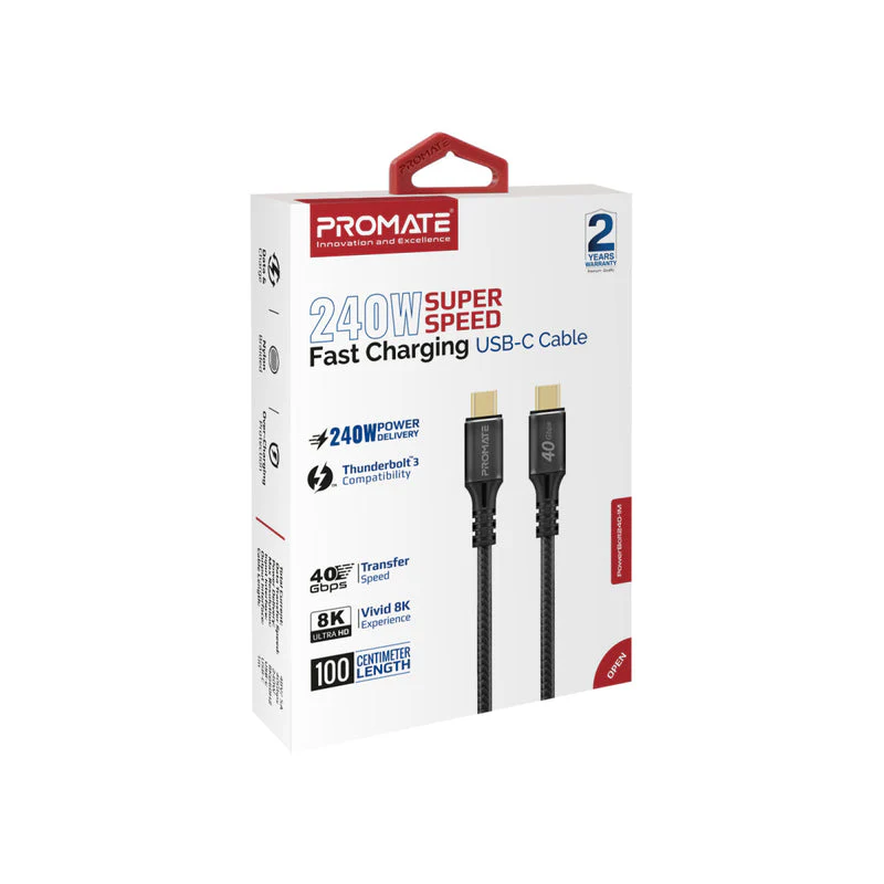 Promate PowerBolt240-1M 240W 40Gbps Thunderbolt 3 100cm Super Speed Fast Charging USB-C Cable - Image 7